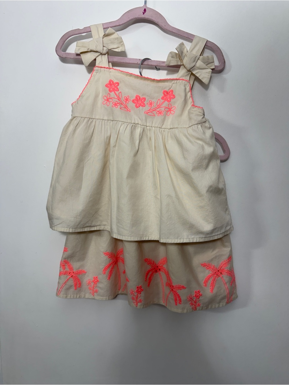 Rachel Zoe Cream Tiered Set with Neon Pink Embroidery